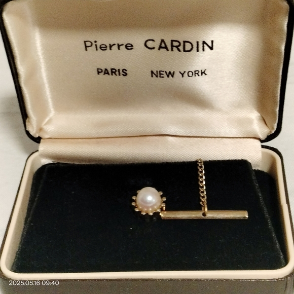 Pierre Cardin Elegant Gold Cultural Pearl Tie Tack Gold Overlay Men's Formal Vtg - Picture 7 of 7